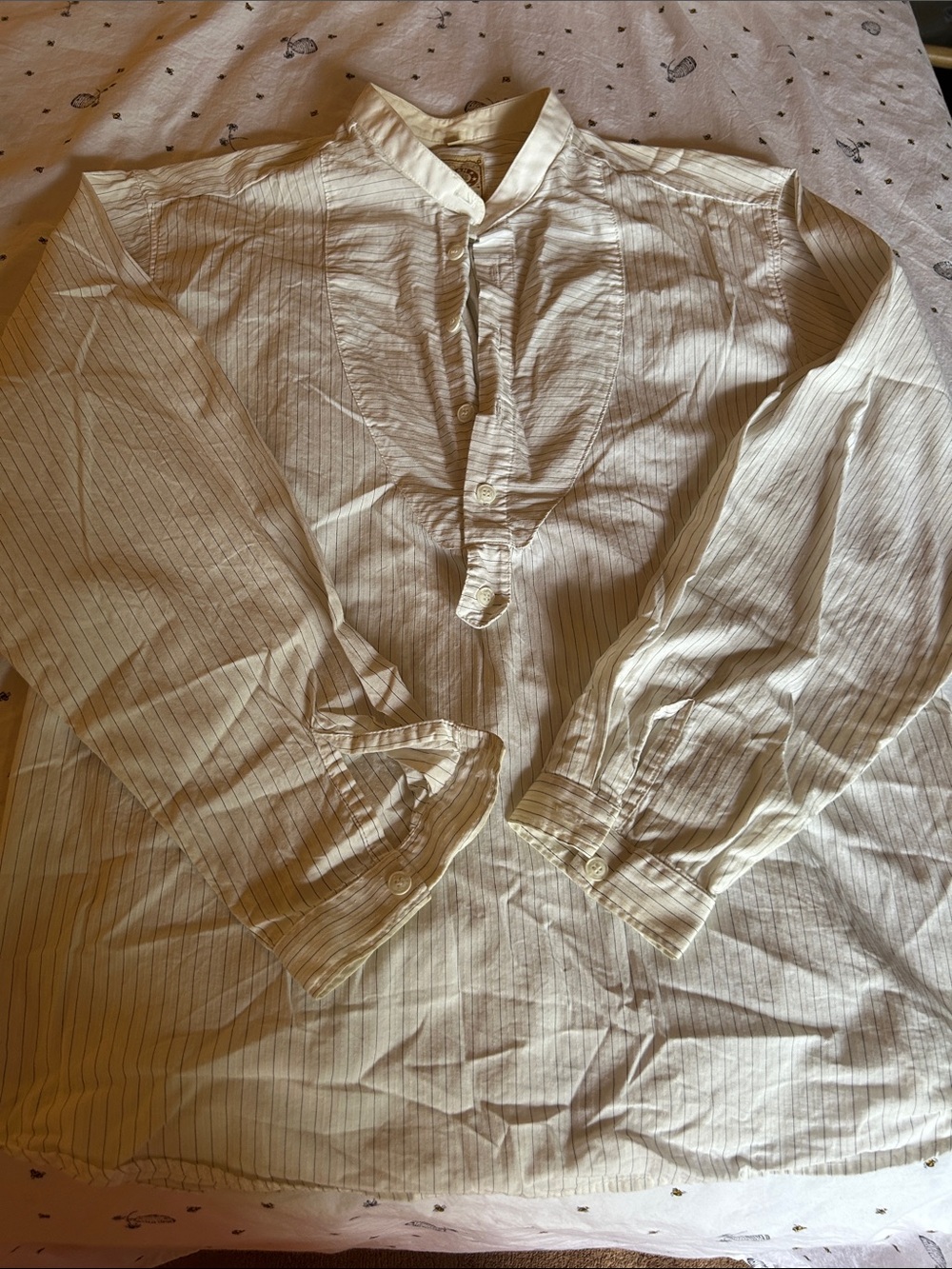 Men's Light Cream Pinstripe Band-Collar Button-Down Shirt